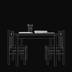 A black and white wireframe drawing of a kids' room desk with two chairs, featuring a book, pen stand with pencils, and scattered decor items. The minimalist design highlights clean lines and simple.