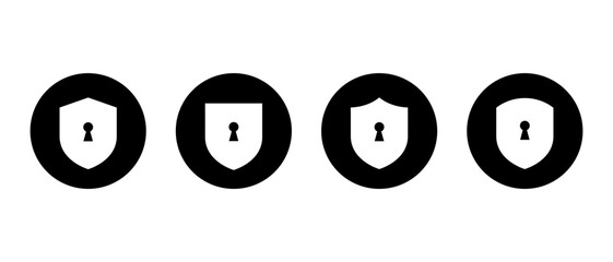 Shield security icon set in black circle. Lock keyhole symbol in privacy protection badge