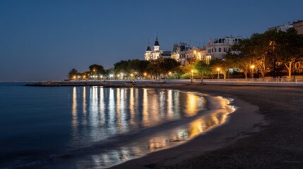 Obraz premium night scene at imaginary Madrid beach, soft lights along the shore, reflections in gentle waves, silhouettes of historic buildings, quiet sea breeze