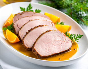 Slice duck breast with orange sauce on white oval serving platter. ai