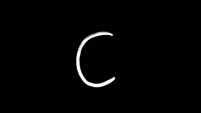 White hand-drawn letter "C" on a solid black background, created with a minimalist sketch style. Perfect for animated typography, logo design, or educational content.
