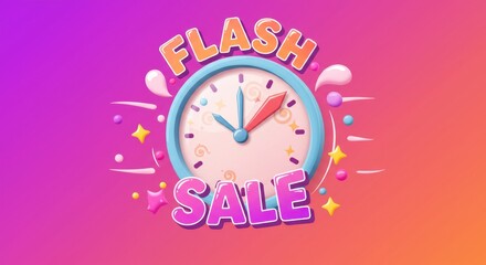 A cartoon clock with FLASH SALE text on a gradient background