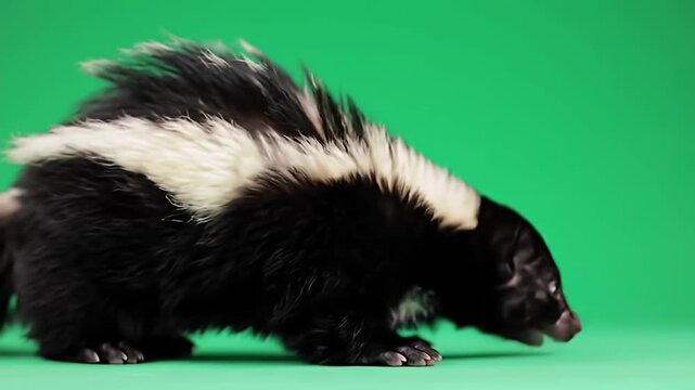 Striped skunk against a green background, viewed from the side in a close-up shot