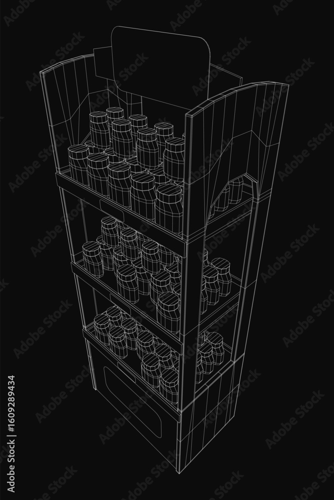 Poster a black and white 3d wireframe model of a shelf displays several jars, arranged neatly in a minimali