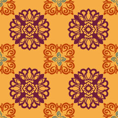 seamless damask floral pattern on yellow background  design for carpet,curtain,clothing,fabric,wrapping paper,tiles,textiles,batik,texture and wallpaper.Vector background.