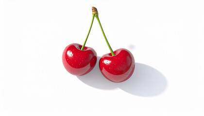 Fresh Shiny Cherry with Water Drops and Natural Shadow on White Background
