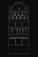 A black and white line drawing of a bakery building with a heart, showcasing shelves filled with various items. The contour design stands out against a dark background, creating a striking contrast.