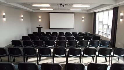 An auditorium is set up for a conference with chairs, screen, and podium