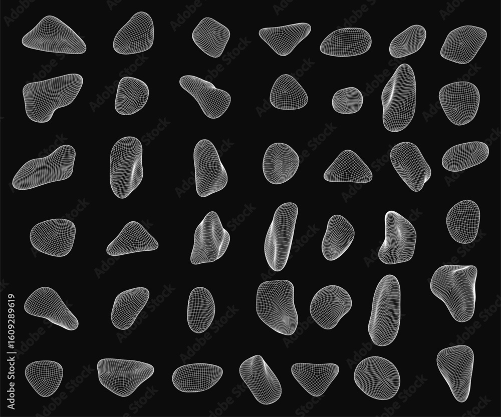 Poster a collection of white 3d wireframe shapes resembling stones and fingerprints stands out against a bl