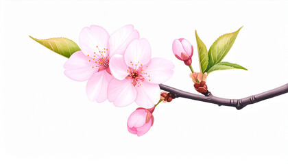 Single Cherry Blossom Branch with Soft Pink Petals on Transparent Background