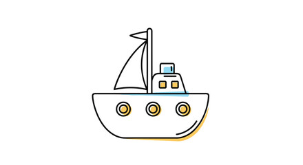 A delightful cartoon illustration of a small sailboat with a flag on its mast and windows on its cabin sailing on the water
