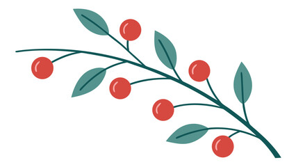 Minimalist flat illustration of a dark teal branch with red berries and teal leaves berry leaf