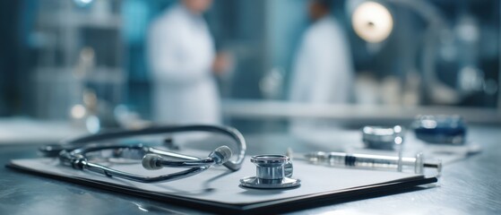 The stethoscope and medical instruments on a laboratory table in a clinical setting.