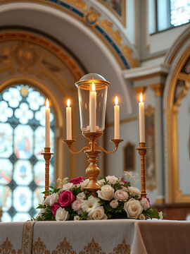 Exquisite Decorated Altar Wedding Candle Lampade for Greek Orthodox Ceremony Ideal for conveying the beauty of religious ceremonies cultural celebrations and editorial content Selectiv :