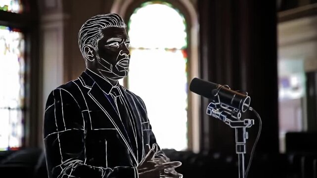 A man in a suit stands behind a microphone with an artful glowing line effect