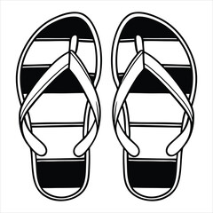 Black and white vector illustration of a pair of casual shoes and flip flops