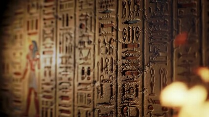 Carved stone wall with glyphs shown by candlelight gives a sense of mystery - Powered by Adobe