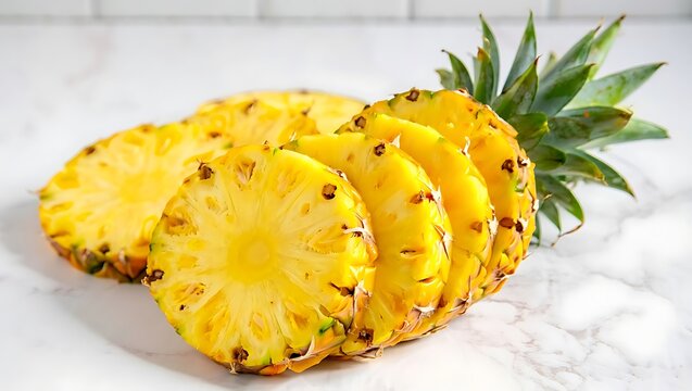 Close-up of freshly sliced ripe pineapple on white marble surface - Powered by Adobe