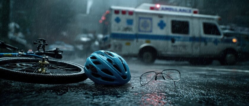 The abandoned bicycle and helmet near an ambulance in the rainy city street. - Powered by Adobe