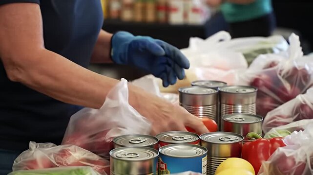 Gloved hands packing a plastic bag with food surrounded by cans and produce in bags