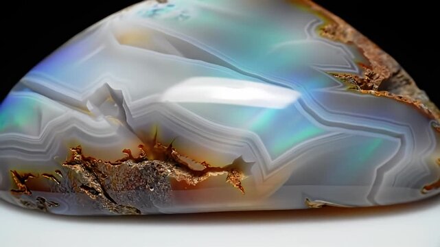 Polished agate stone displaying iridescent colors and banded patterns against dark backdrop