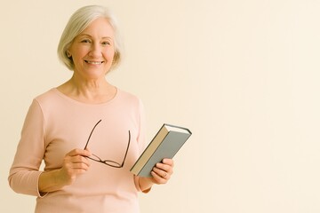 elderly woman holding book and glasses while smiling at camera against cream background with copyspace, concept of reading habits, memory wellness, senior routine