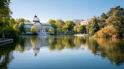 Fototapeta premium Retiro Park in Madrid, minimalistic composition with crystal palace, reflections on the lake, green trees