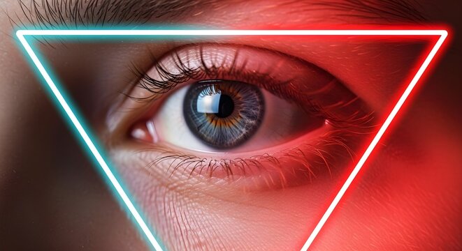 Close up of a man's eye with a blue and red neon light triangle. Concept of artificial intelligence, biometrics and data scanning.