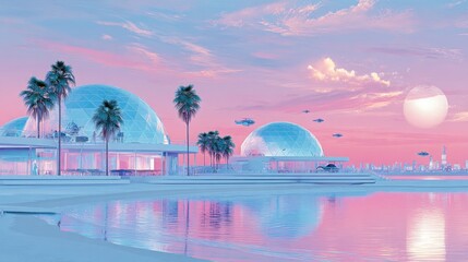 retrofuturistic Madrid by the ocean, 1980s vision of the future, neon reflections, domed beach pavilions, pastel sunset sky, flying cars above shoreline