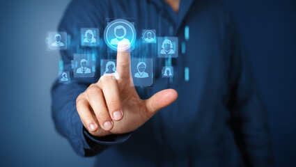 businessman pressing social network button