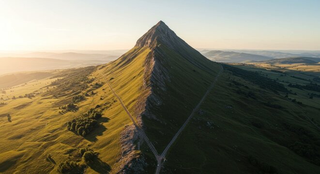 A conical mountain peak illuminated by golden hour sunlight with a road splitting at its base