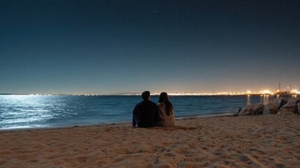 romantic night by the sea in Madrid, couple sitting on the sand under starlit sky, soft waves, dim city lights on the horizon, minimalistic composition, quiet 