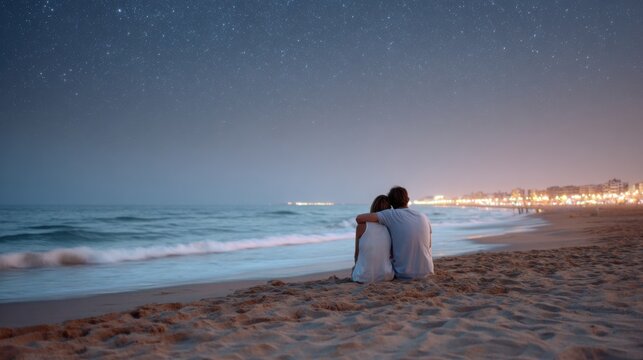 romantic night by the sea in Madrid, couple sitting on the sand under starlit sky, soft waves, dim city lights on the horizon, minimalistic composition, quiet - Powered by Adobe