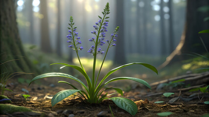 Sunlit forest floor reveals delicate purple wildflowers blooming vibrantly