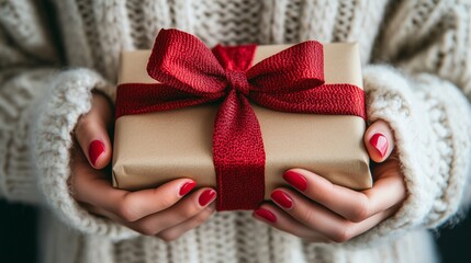 Close up of young woman holding a christmas gift wrapped in brown paper and tied with a red ribbon
