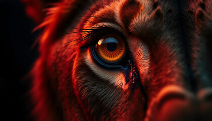 Naklejka premium Close-up of a lion's eye with reflection of human figure in darkness 