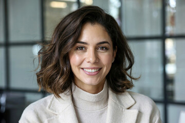 Fototapeta premium A woman professional headshot portrait in a modern office setting. 