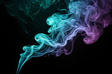 Obraz premium Mystical smoke formation in teal, blue and purple colors creating flowing organic shapes against deep black atmospheric background.