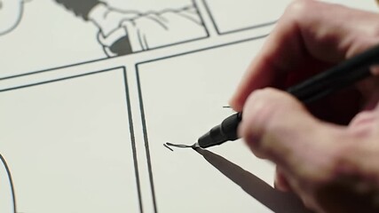 Hand drawing panel with black marker on paper. Comic art process in progress