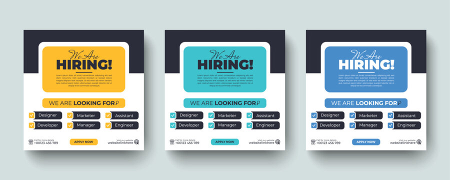 We are hiring job vacancy social media post and square web banner design template. Hiring job vacancy promotional social media advertising post banner layout design.