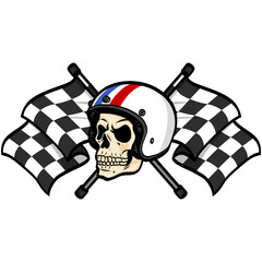 Skull Wearing Helmet Crossed Flags Vintage Retro Style Racing Illustration
