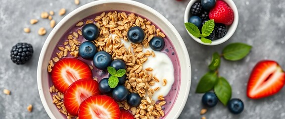 Acai bowl with granola, berries & yogurt Healthy breakfast Flat lay,  antioxidant,   tasty