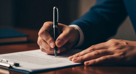 Close-up of hand signing document with pen, showcasing business deal concept.  Suggests professionalism, agreement, and finalization