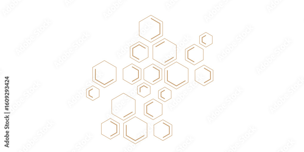 Poster an abstract pattern of geometric hexagonal shapes, some outlines and some double-lined, forming inte
