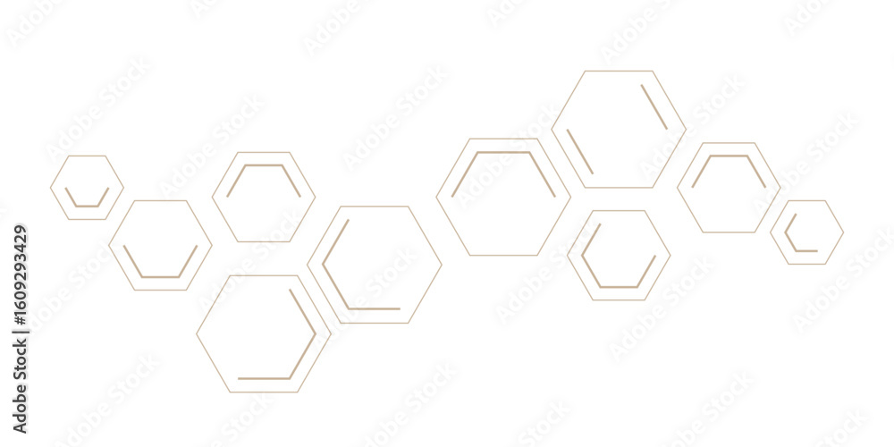 Poster an abstract pattern of geometric hexagonal shapes, some outlines and some double-lined, forming inte