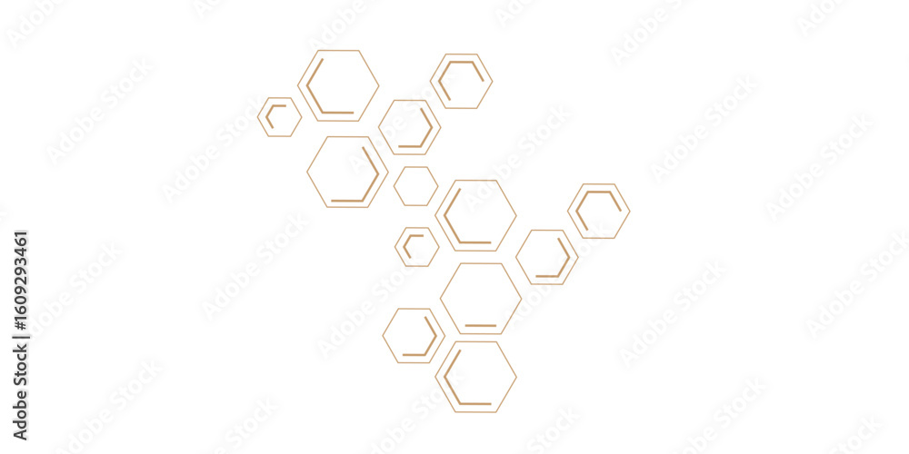 Poster an abstract pattern of geometric hexagonal shapes, some outlines and some double-lined, forming inte