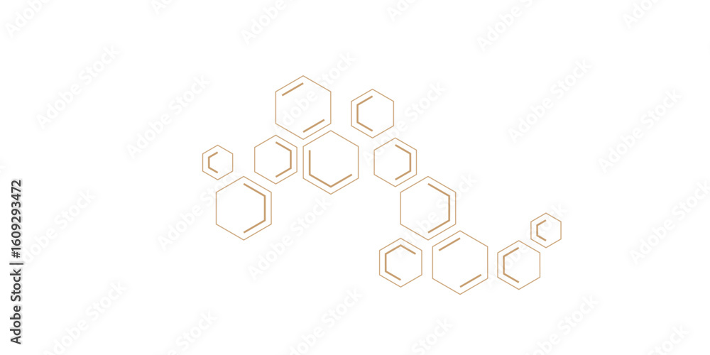 Poster an abstract pattern of geometric hexagonal shapes, some outlines and some double-lined, forming inte