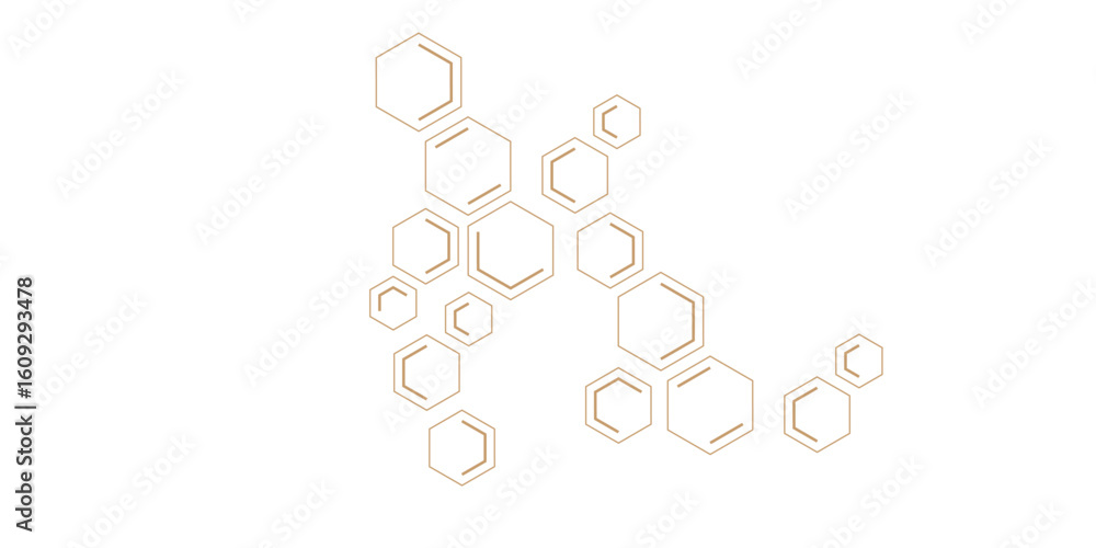 Poster an abstract pattern of geometric hexagonal shapes, some outlines and some double-lined, forming inte