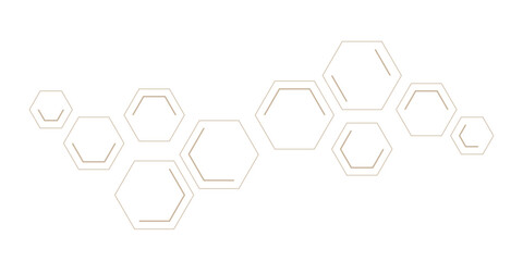 An abstract pattern of geometric hexagonal shapes, some outlines and some double-lined, forming interconnected clusters in a subtle gold or bronze hue on a clean white background.