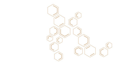 An abstract pattern of geometric hexagonal shapes, some outlines and some double-lined, forming interconnected clusters in a subtle gold or bronze hue on a clean white background.